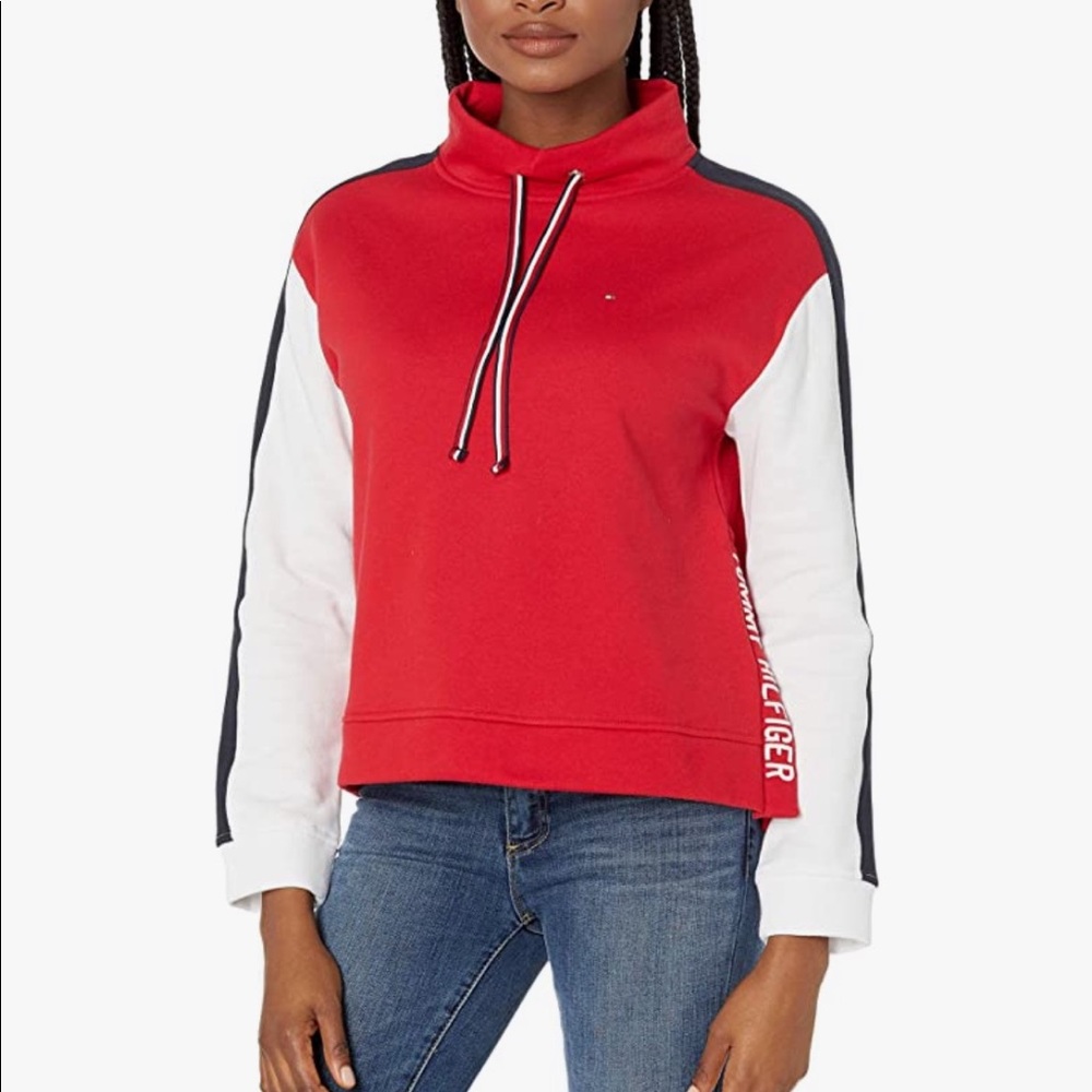 Tommy Hilfiger red color block cowl neck sweatshirt size small